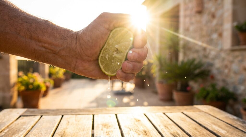 Mano exprimiendo una lima al aire libre con luz solar intensa