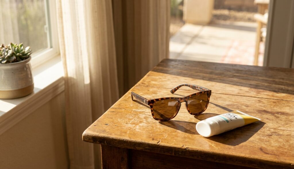 Gafas de sol y protector solar sobre una mesa junto a una ventana soleada
