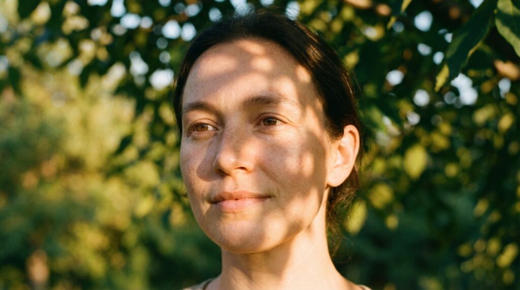 Luz solar filtrándose a través de las hojas sobre el rostro de una persona