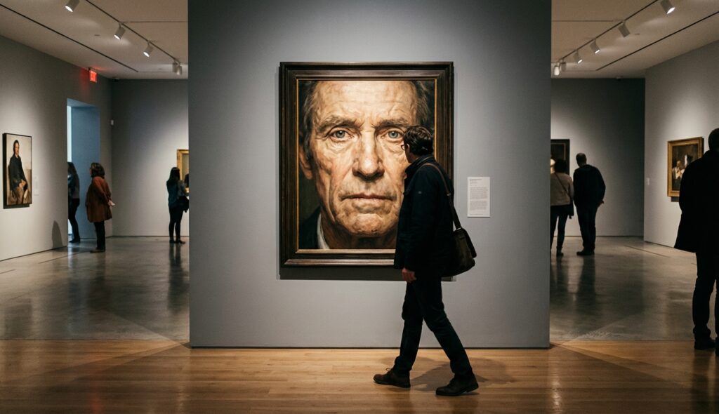 La mirada de la Mona Lisa: El secreto científico revelado 3 Persona caminando frente a un cuadro que parece seguirla con la mirada