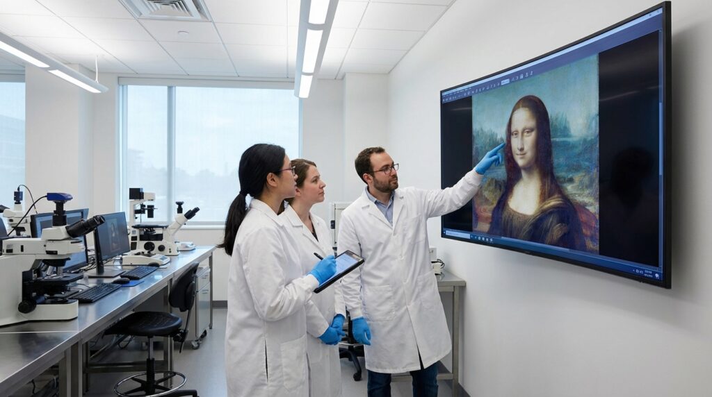 La mirada de la Mona Lisa: El secreto científico revelado 4 Científicos analizando la dirección de la mirada de la Mona Lisa en monitores