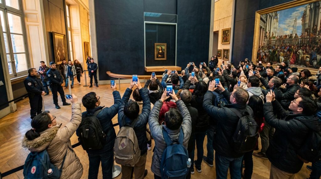 La mirada de la Mona Lisa: El secreto científico revelado 7 Multitud de turistas fotografiando la Mona Lisa en el Museo del Louvre