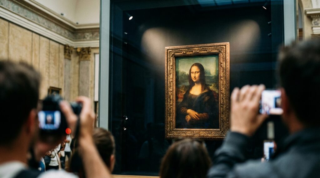 La mirada de la Mona Lisa: El secreto científico revelado 2 La Mona Lisa exhibida en el Museo del Louvre bajo iluminación dramática
