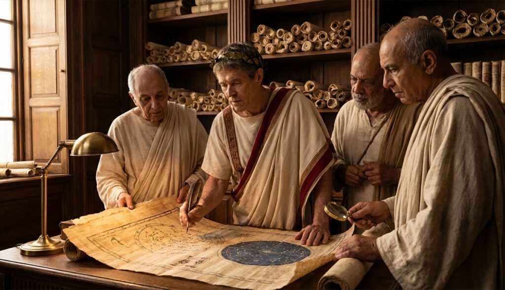 Origen del calendario: la historia de los días perdidos 3 Julio César consultando con astrónomos sobre la reforma del calendario