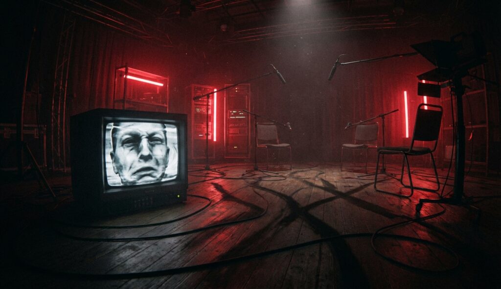 Issei Sagawa: El caníbal japonés que se volvió celebridad 5 Estudio de televisión con atmósfera siniestra y luces rojas