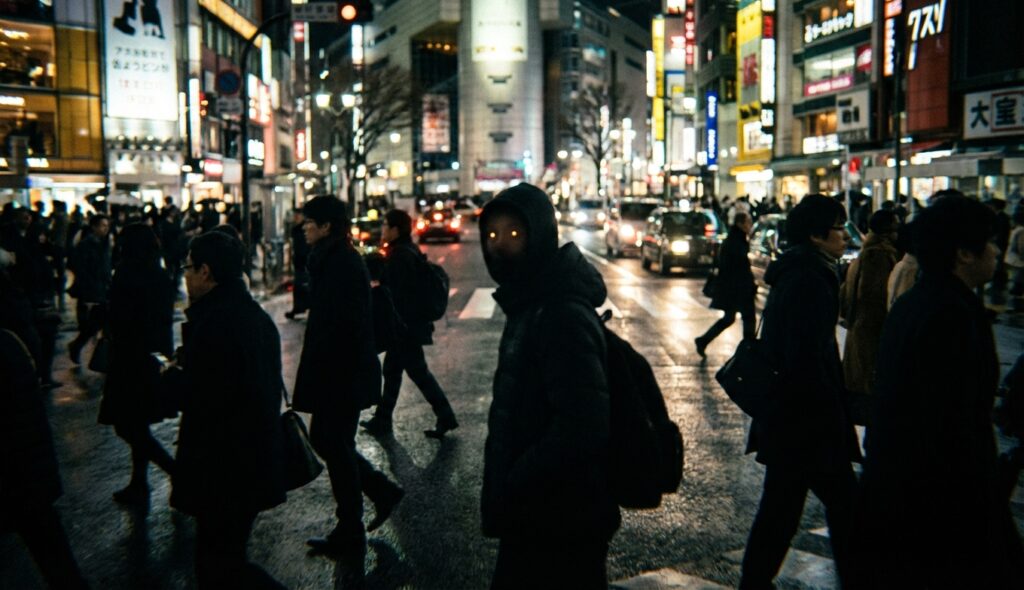 Issei Sagawa: El caníbal japonés que se volvió celebridad 6 Calle de Tokio de noche con sombras alargadas y atmósfera de terror