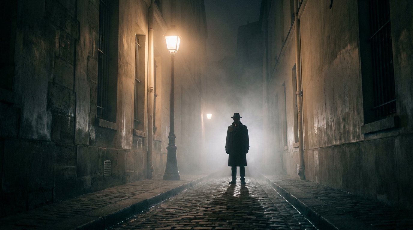 Silueta siniestra de un hombre en un callejón neblinoso de París. issei sagawa.