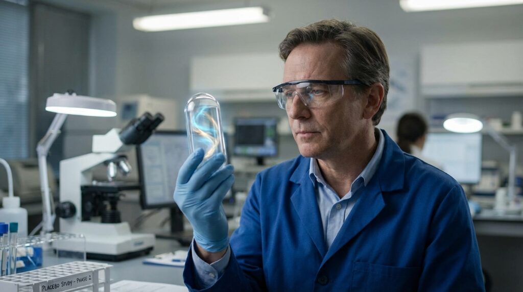 Persona observando una cápsula brillante simbolizando el efecto placebo