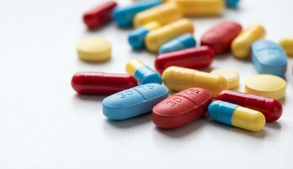 Pastillas de colores sobre una superficie médica limpia
