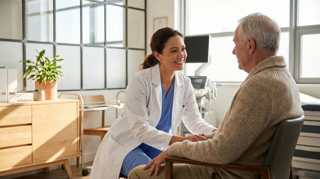 Médico hablando con empatía a un paciente en una clínica