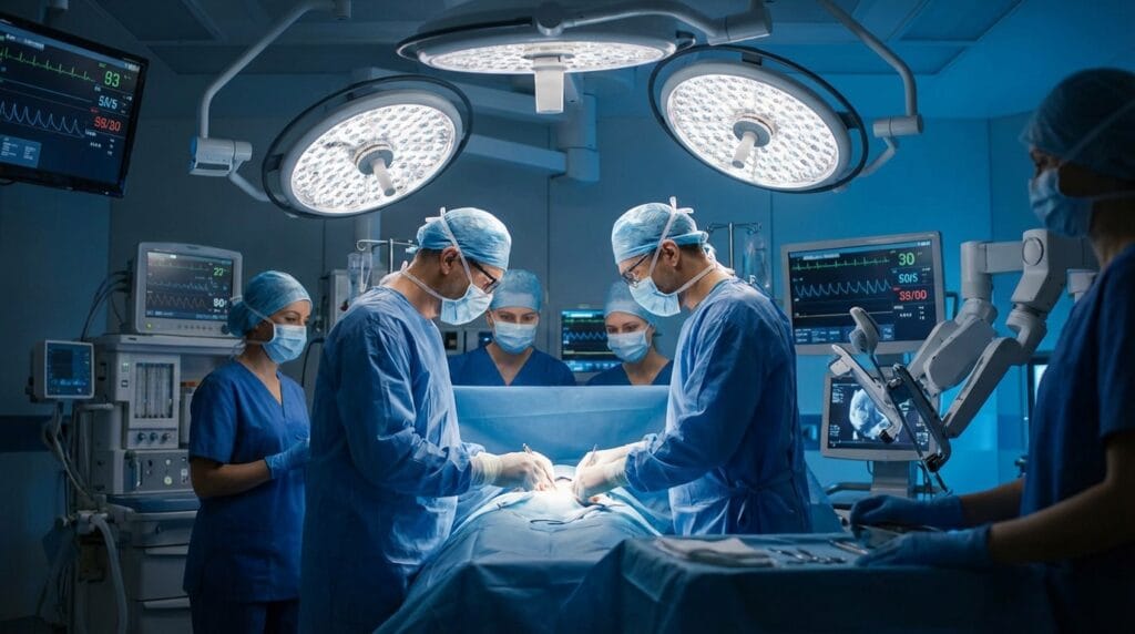 Sala de cirugía moderna con equipos de alta tecnología