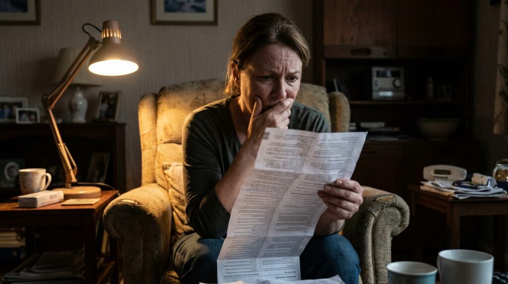 Persona ansiosa leyendo un prospecto médico