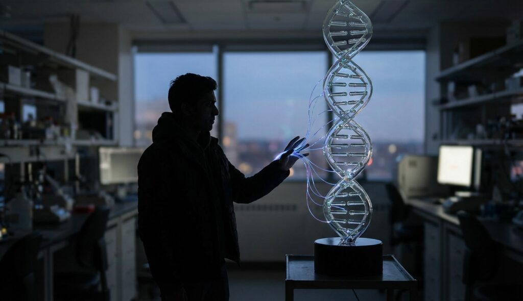 Silueta humana con conexiones neuronales y hélice de ADN