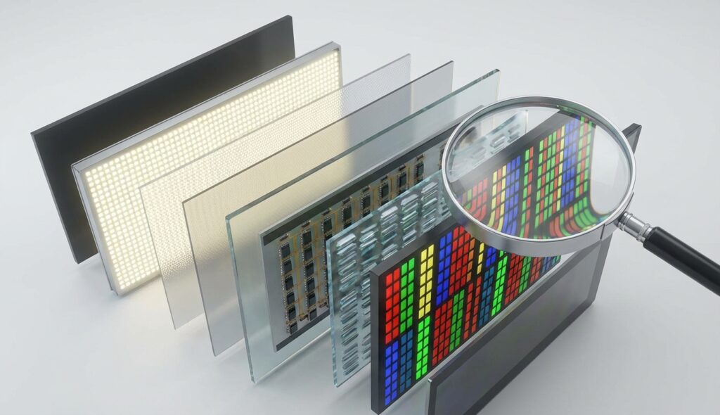 Pantallas OLED vs LCD: ¿Cuál cuida mejor tus ojos? 3 Capas internas de una pantalla LCD mostrando la retroiluminación. OLED vs LCD.