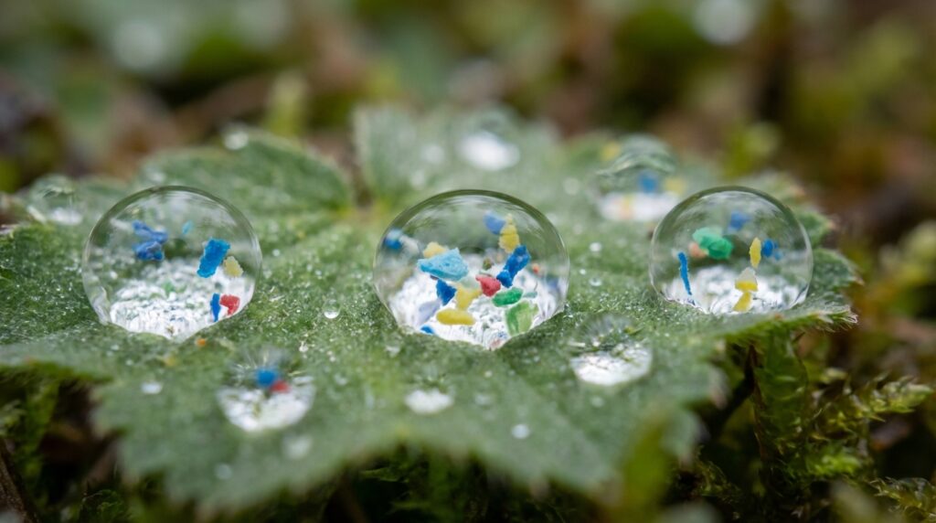 microplásticos en el agua - macro de gotas de agua con fragmentos sintéticos microscópicos
