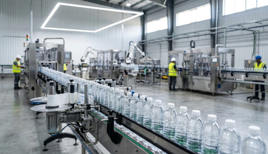 microplásticos en el agua - línea de producción de botellas de plástico en una fábrica