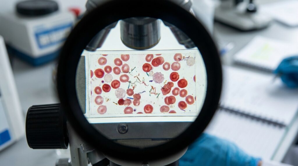 microplásticos en el agua - vista microscópica de células sanguíneas con fibras plásticas