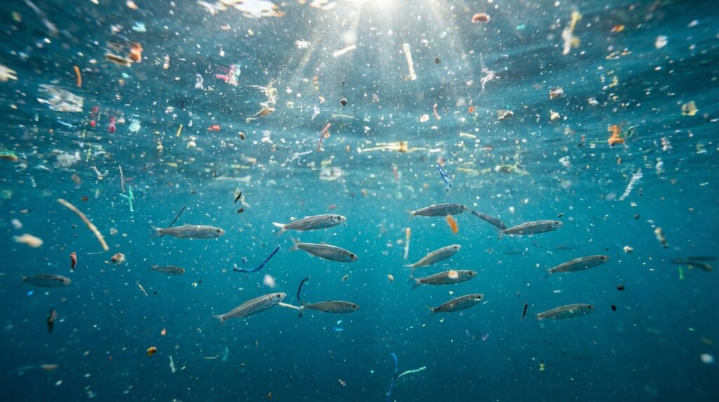 microplásticos en el agua - peces nadando entre partículas de plástico en el océano
