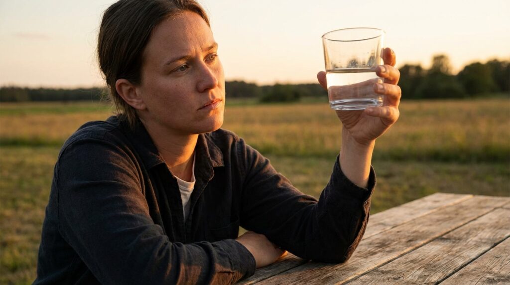 microplásticos en el agua - persona observando un vaso de agua pura al atardecer