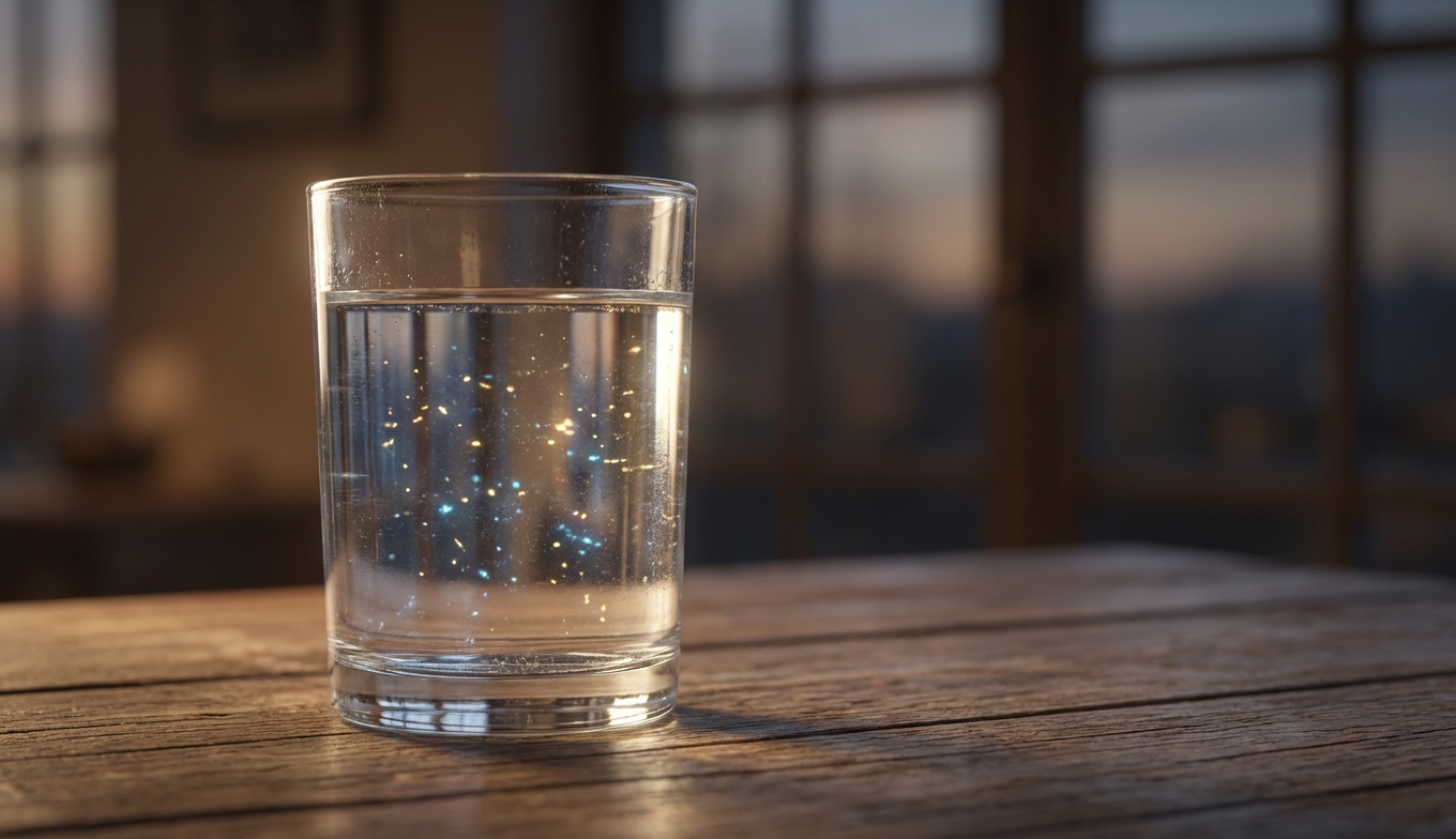 microplásticos en el agua - imagen conceptual de partículas microscópicas en un vaso de agua