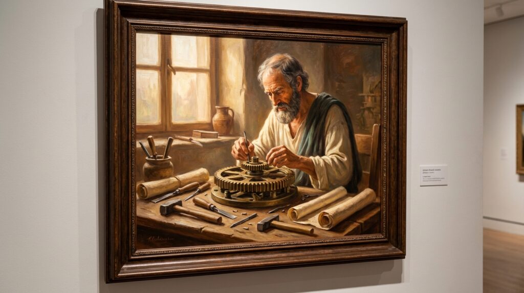 Mecanismo de Anticitera - Inventor griego trabajando en el diseño del mecanismo en su taller
