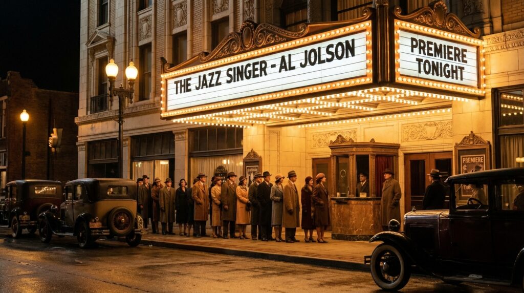 Cine sonoro: El increíble cambio que transformó la actuación 2 cine-sonoro - Fachada de cine antiguo estrenando la primera película con audio