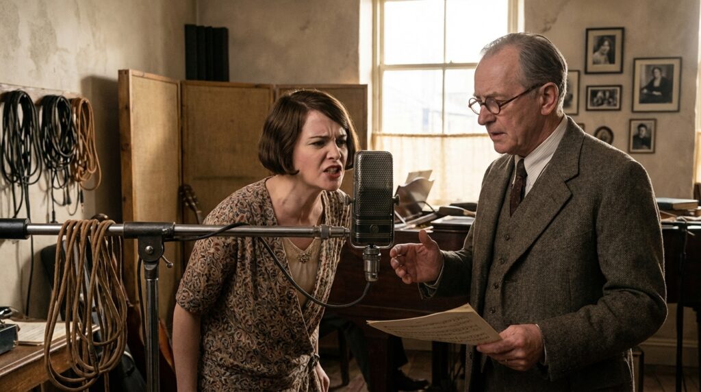 Cine sonoro: El increíble cambio que transformó la actuación 3 cine-sonoro - Actriz de los años 20 practicando dicción frente a un micrófono antiguo