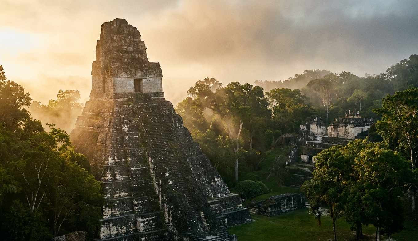 descubrimientos sobre la civilización maya - pirámide principal de Tikal al amanecer