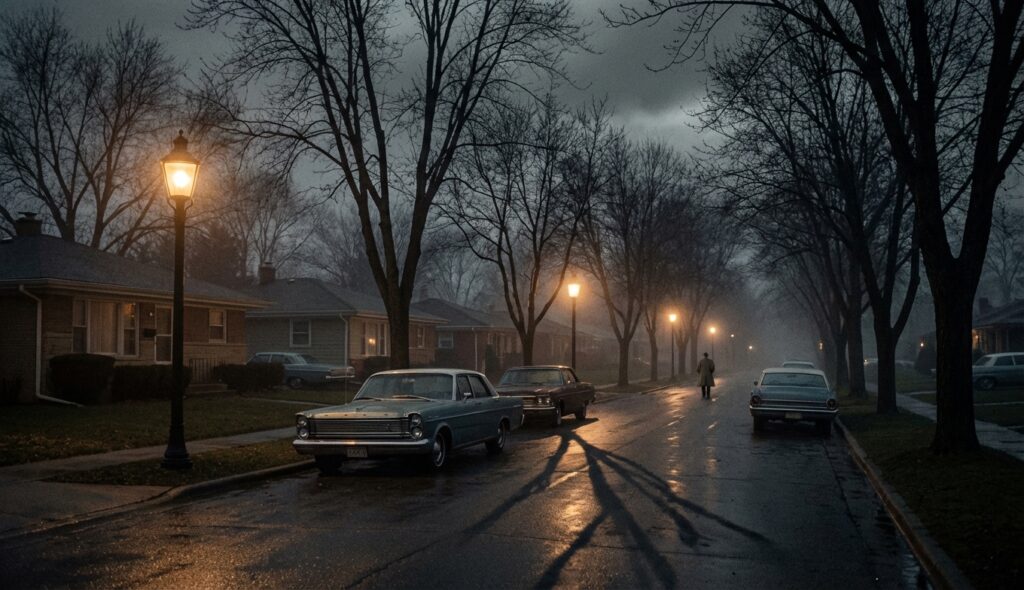 El caso Sylvia Likens: El secreto más oscuro de Indiana 2 El caso Sylvia Likens - calle suburbana oscura de los años 60 con sombras inquietantes