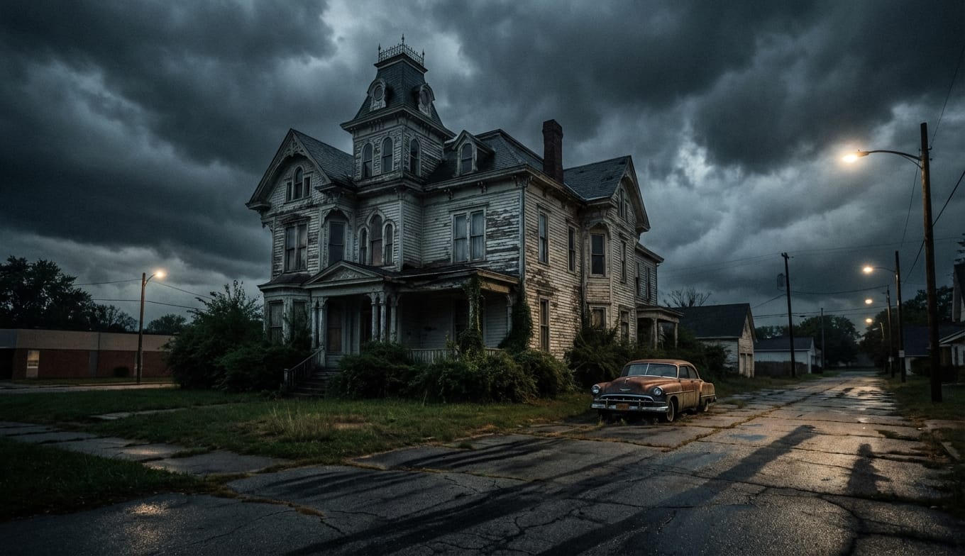 El caso Sylvia Likens - imagen destacada de una casa antigua y siniestra bajo un cielo tormentoso