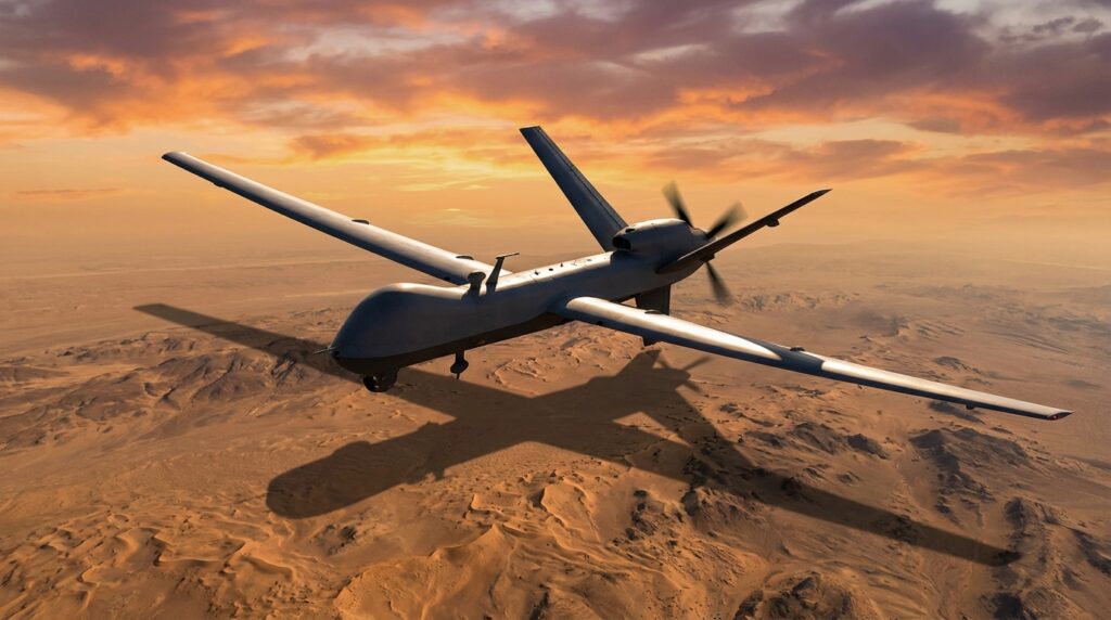 drones en la guerra - dron militar sobrevolando un paisaje desértico al atardecer