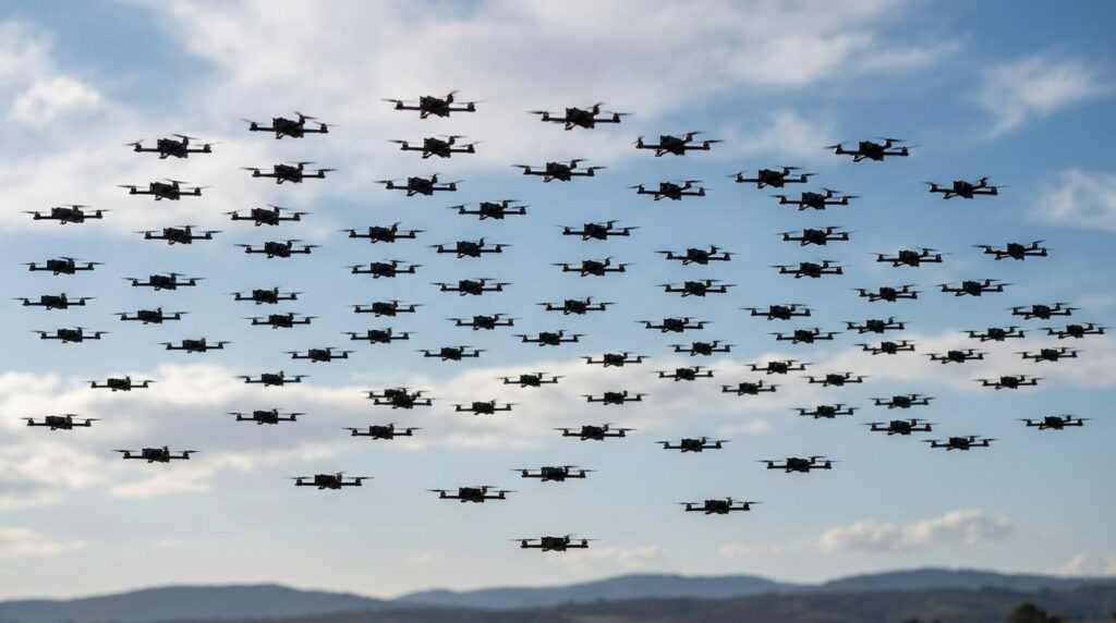drones en la guerra - enjambre de drones coordinados volando en formación