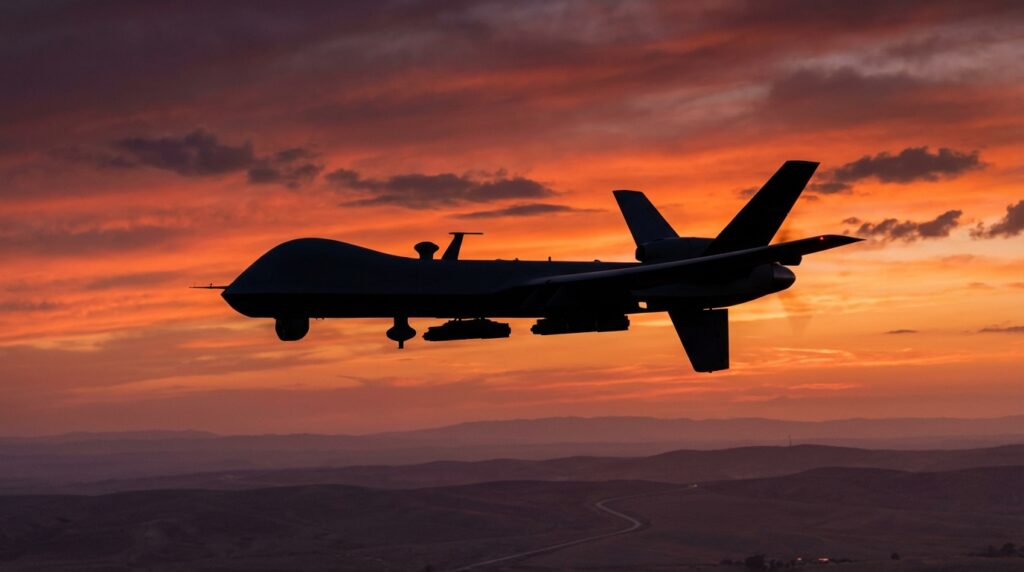 drones en la guerra - silueta de un dron militar al atardecer
