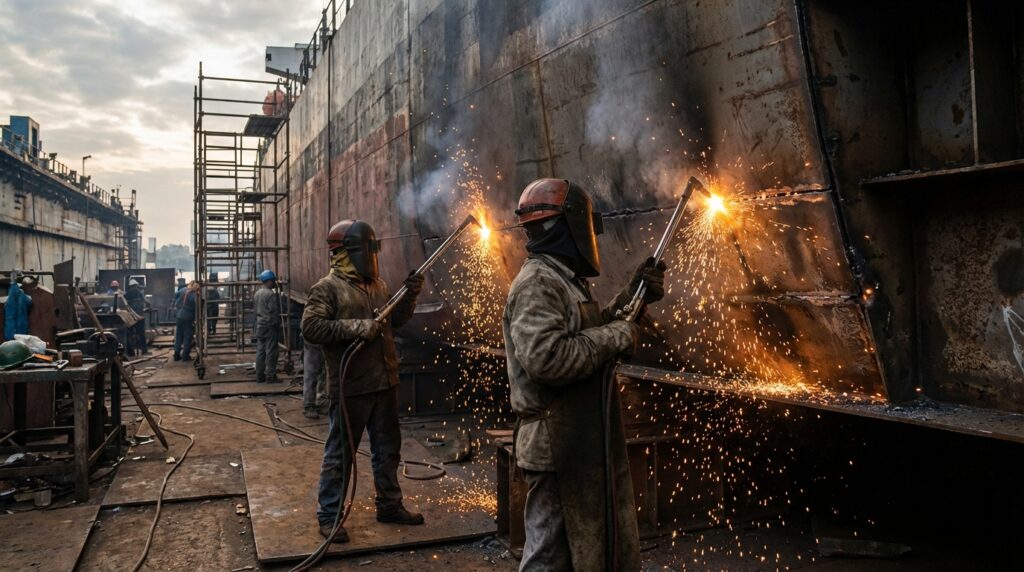 cementerio de barcos en Bangladesh - trabajadores desmantelando un casco de acero con sopletes