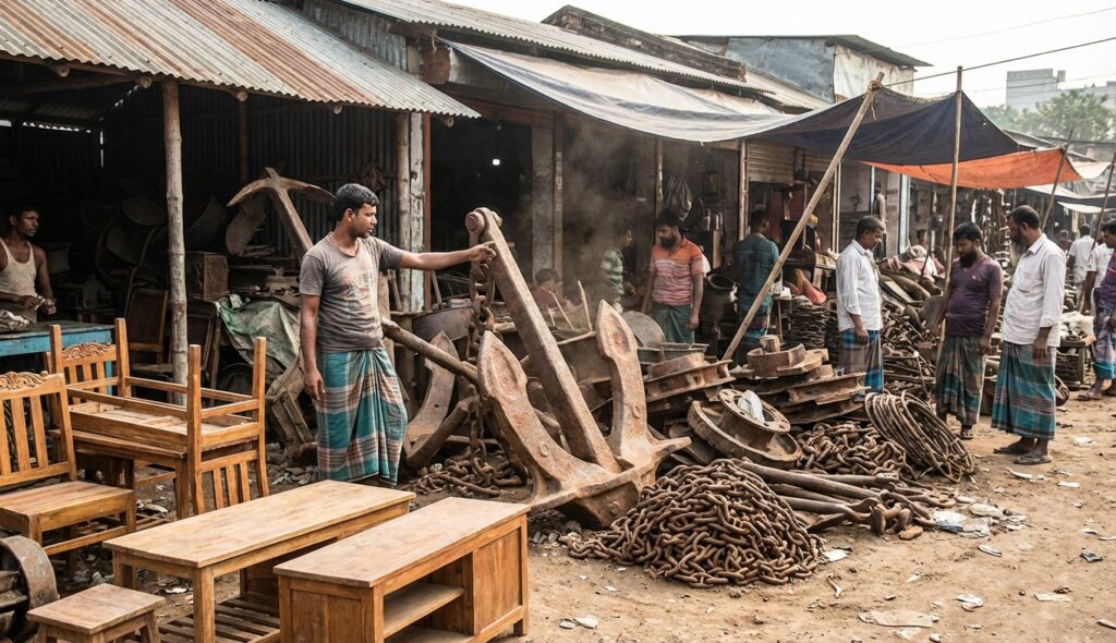 cementerio de barcos en Bangladesh - mercado local vendiendo piezas recicladas de barcos desmantelados