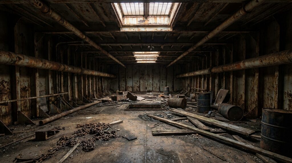 cementerio de barcos en Bangladesh - interior oxidado y peligroso de un buque en proceso de desguace