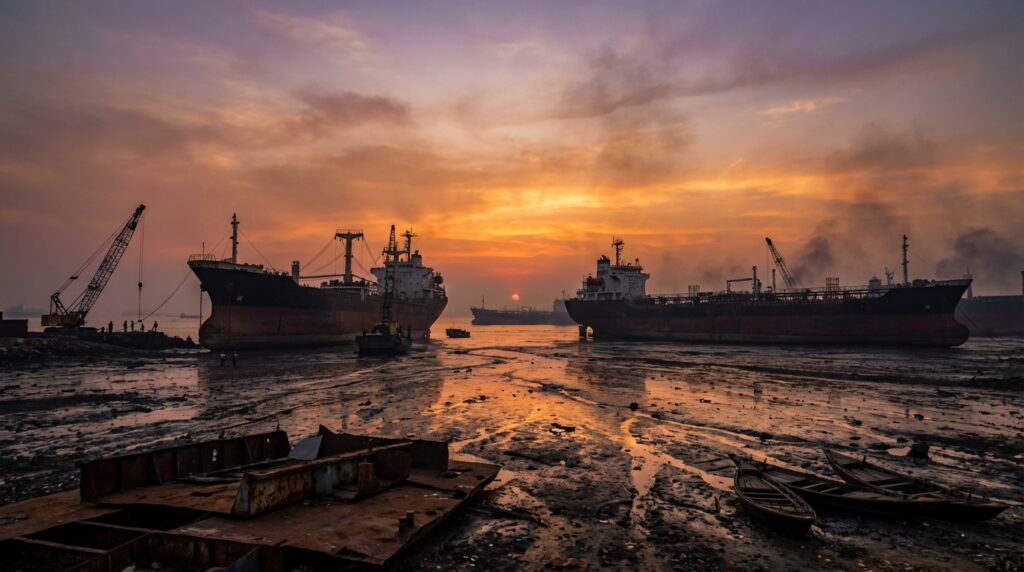 cementerio de barcos en Bangladesh - siluetas de barcos al atardecer en la costa de Chittagong
