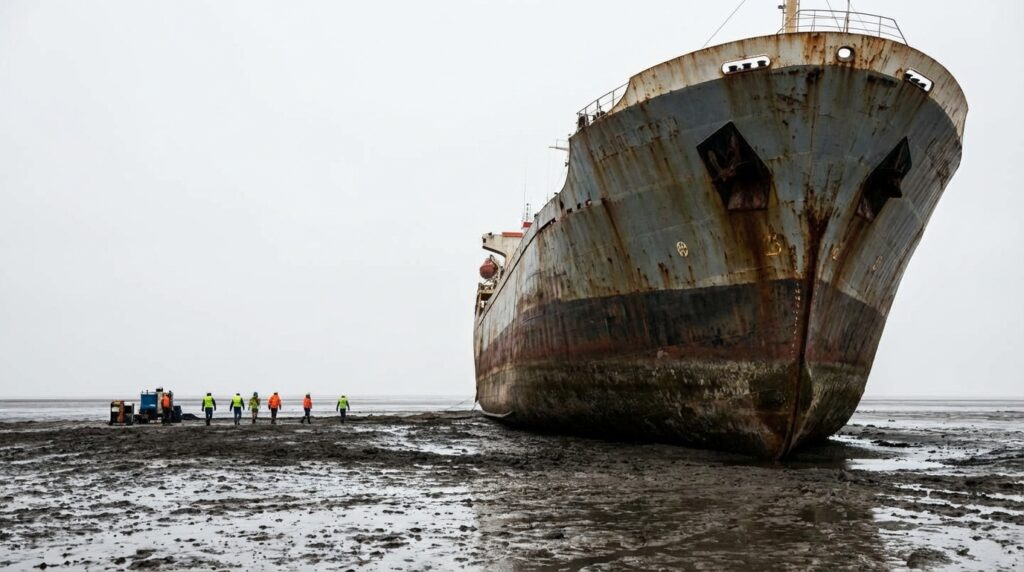 cementerio de barcos en Bangladesh - proa de un buque gigante dominando el paisaje costero