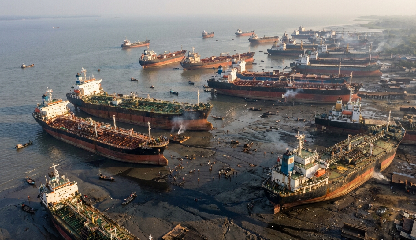 cementerio de barcos en Bangladesh - vista aérea panorámica del desguace de barcos más grande del mundo