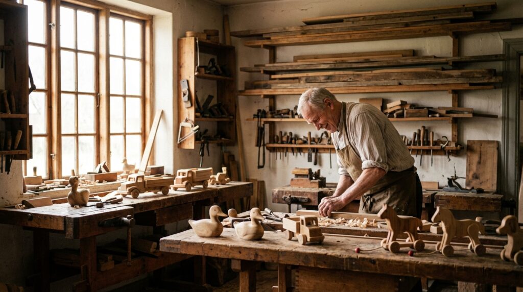 Historia de Lego: El increíble origen de las piezas 2 historia de Lego - taller de carpintería antiguo con juguetes de madera