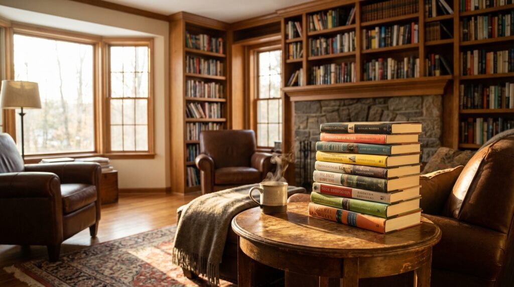 lectura recreativa - biblioteca acogedora con libros y café