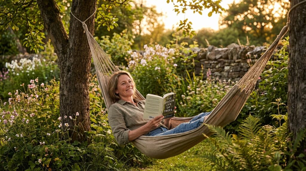 lectura recreativa - persona relajada leyendo en una hamaca