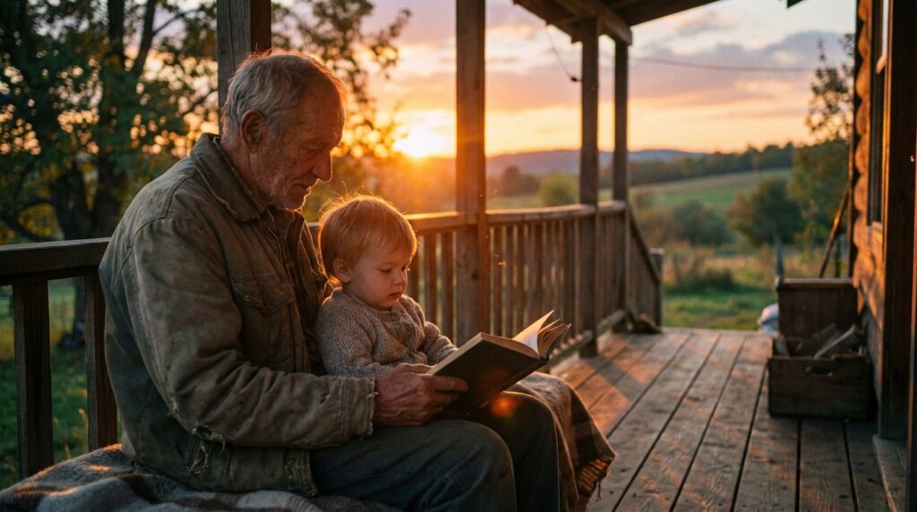 lectura recreativa - abuelo leyendo a su nieto al atardecer