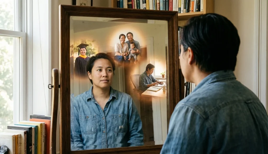 inmortalidad cuántica - persona viendo múltiples reflejos de sí misma en un espejo