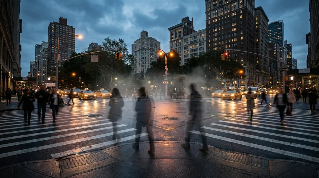 inmortalidad cuántica - siluetas de personas dividiéndose en diferentes realidades en una ciudad