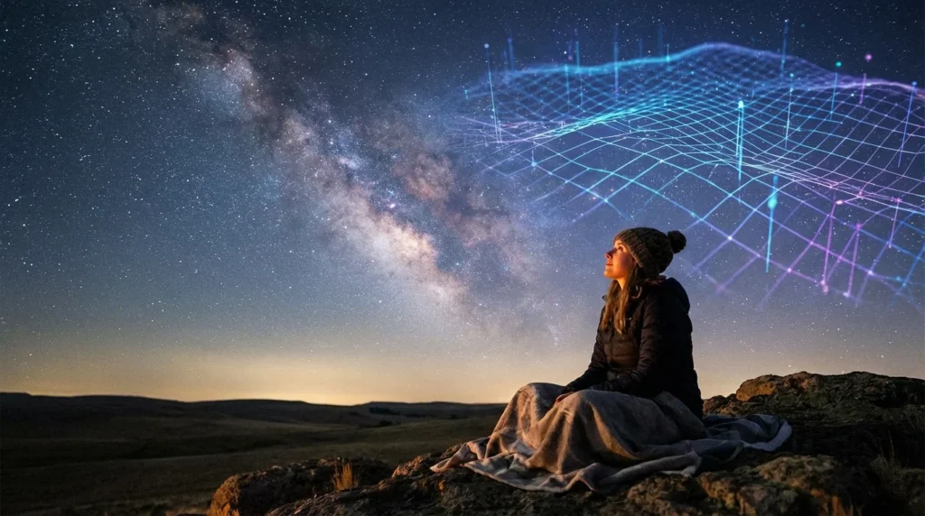 inmortalidad cuántica - persona reflexionando bajo un cielo estrellado digital