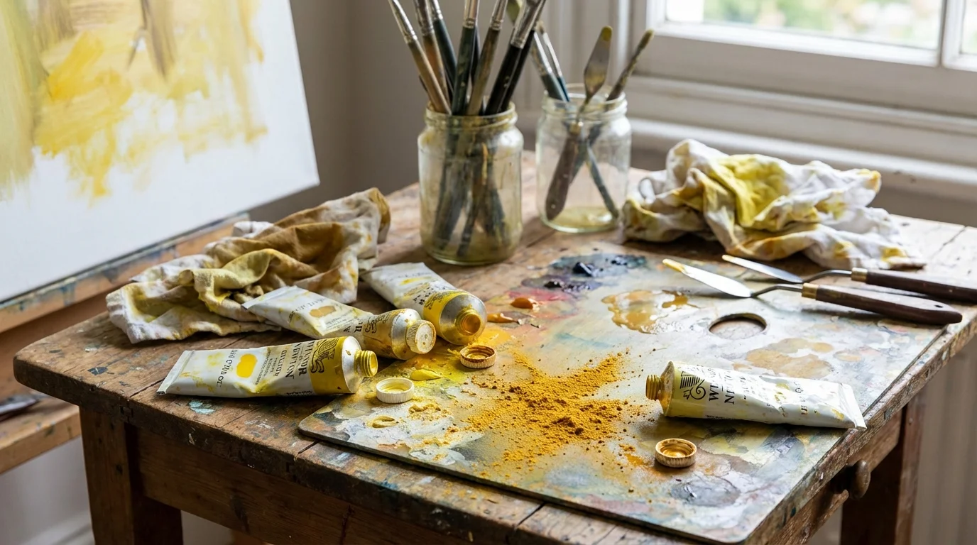 pigmentos tóxicos en el arte - pigmentos amarillos de cromo en un escritorio