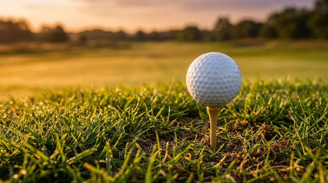 hoyuelos en las pelotas de golf - primer plano de bola en el tee al amanecer