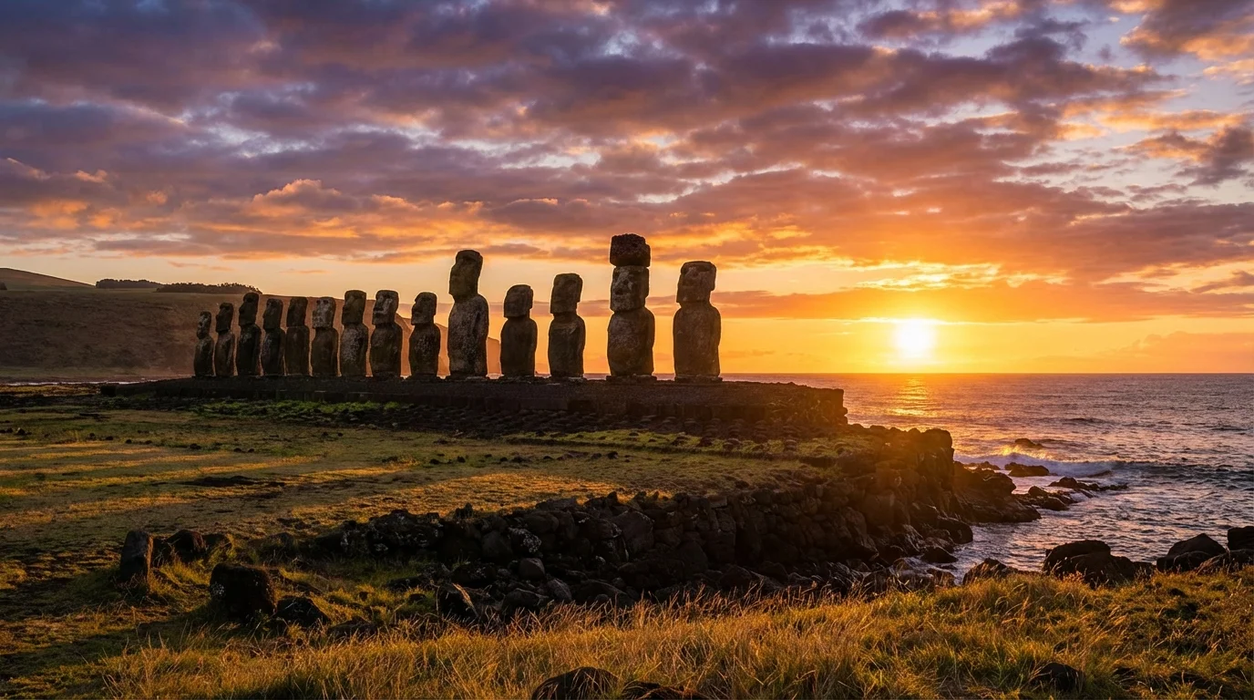 historia de Rapa Nui - atardecer en Ahu Tongariki simbolizando paz