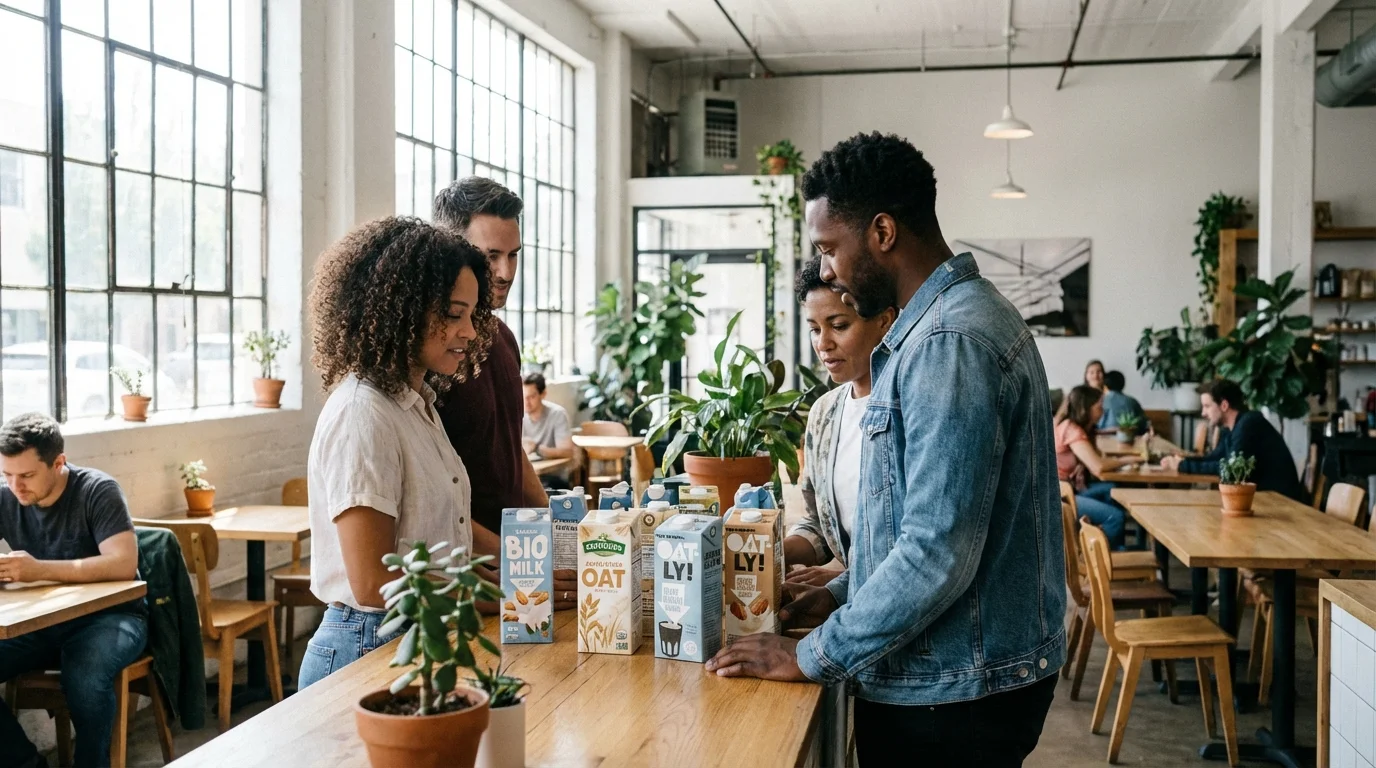 intolerancia a la lactosa - personas en una cafetería eligiendo opciones sin lácteos